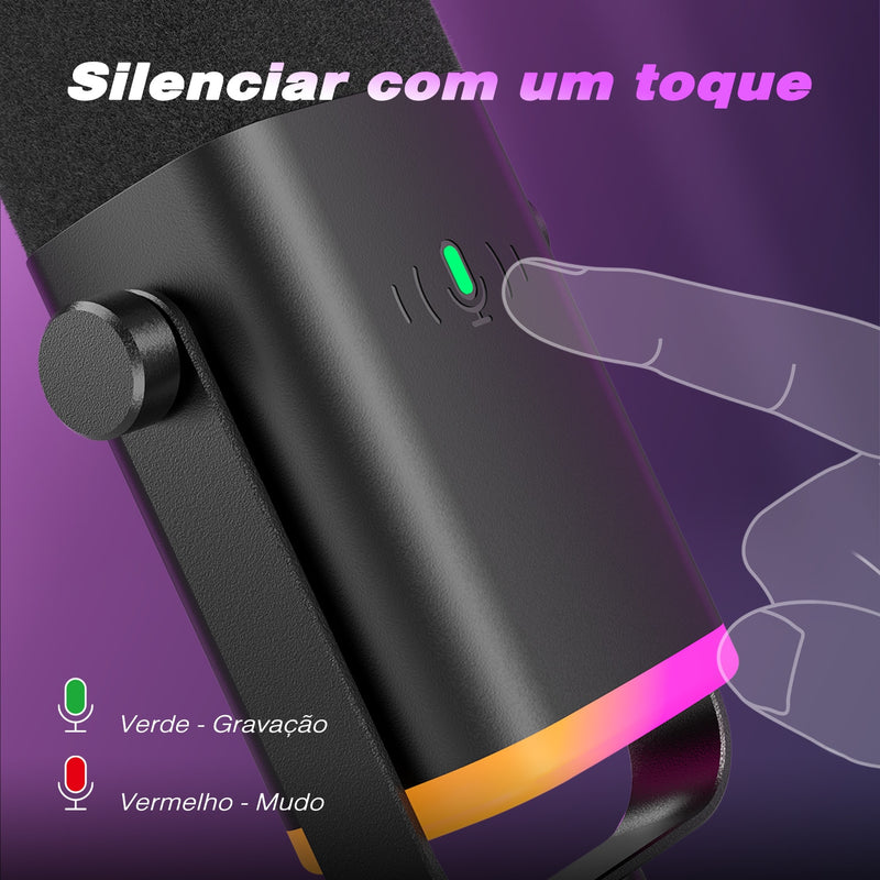 Microfone dinâmico com botão touch mute.